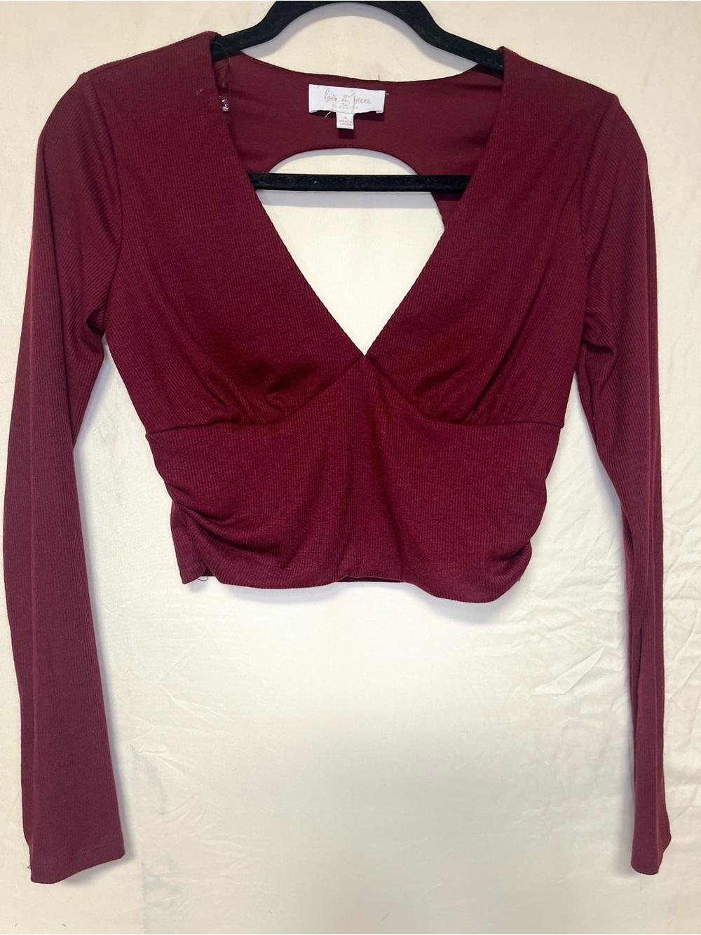Free People Burgundy Ribbed Wrap-Front Long Sleeve Crop Top